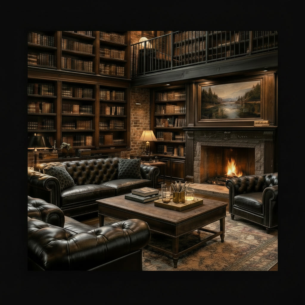Luxurious living room with dark leather furniture, bookshelves, and a fireplace. 
